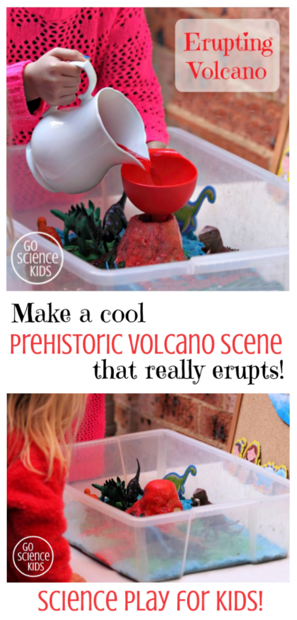 Make a cool prehistoric volcano scene that really erupts - science play for kids