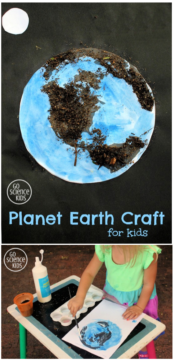 Planet earth craft for kids using real dirt to represent land. Fun craft for Earth Day