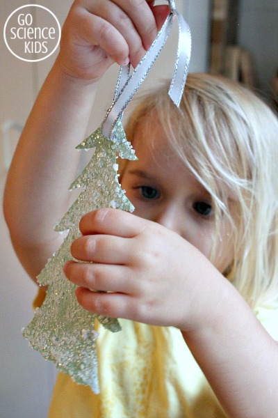 Snowy fir tree Christmas ornament made with salt crystals